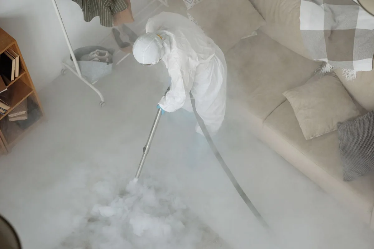 Biohazard cleanup technician in protective equipment, Cataula, GA